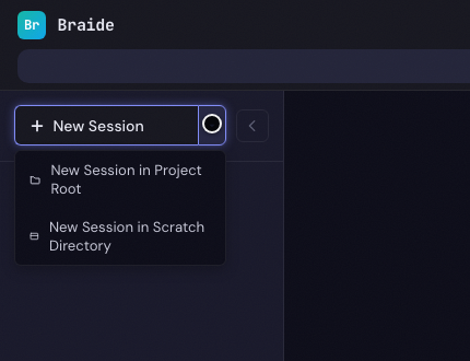 The New Session split button showing its three mode options