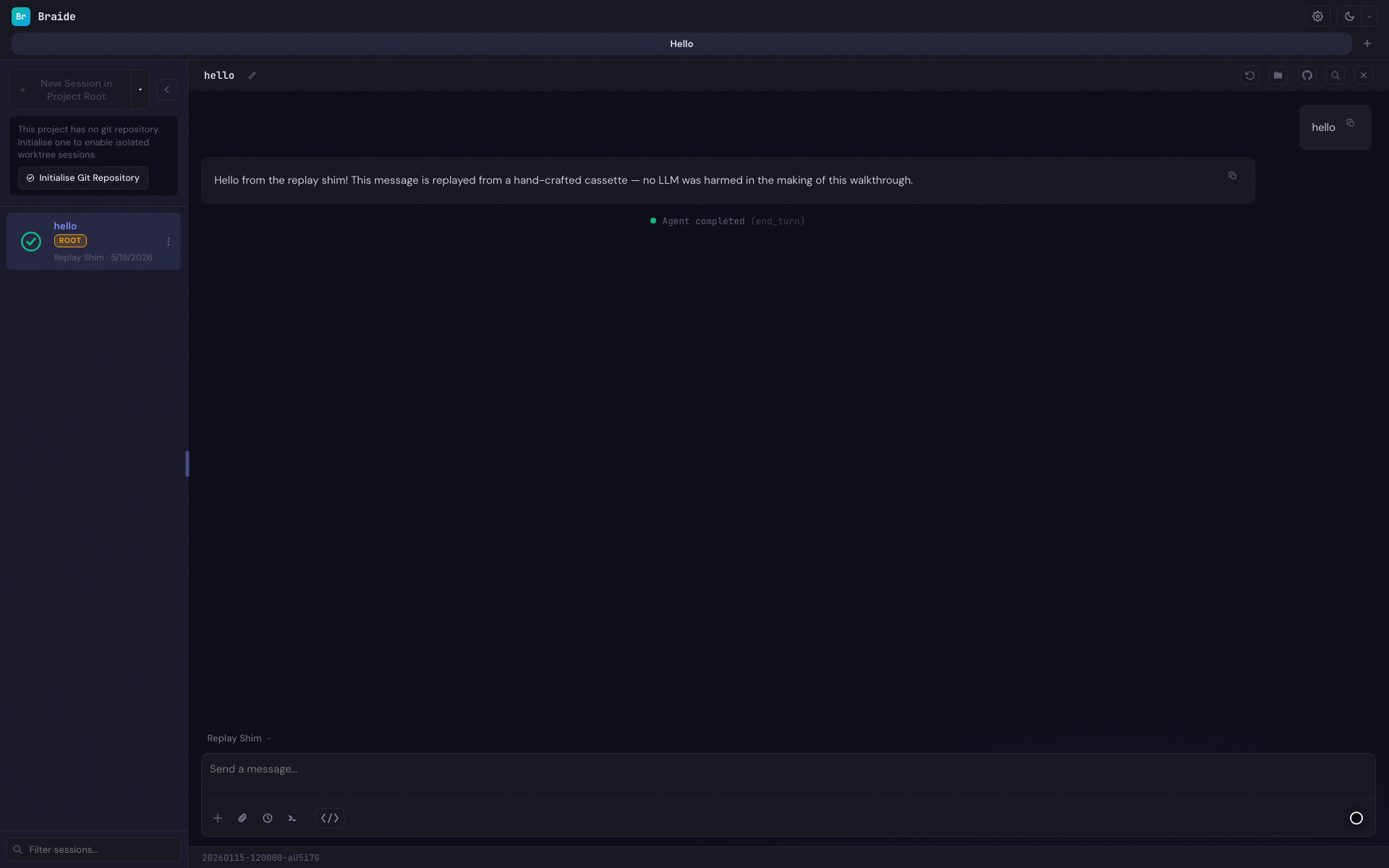 A running session showing streamed responses and tool calls