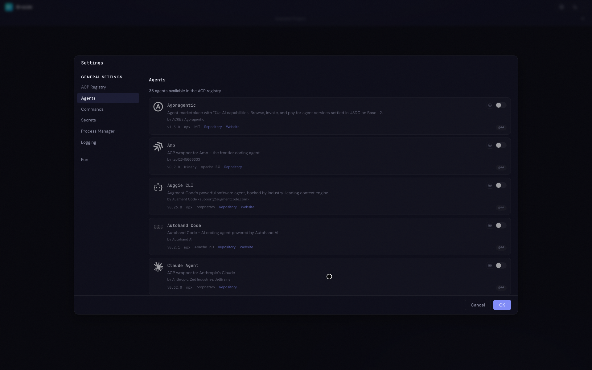 An agent card with status indicator, cog icon, and enable toggle