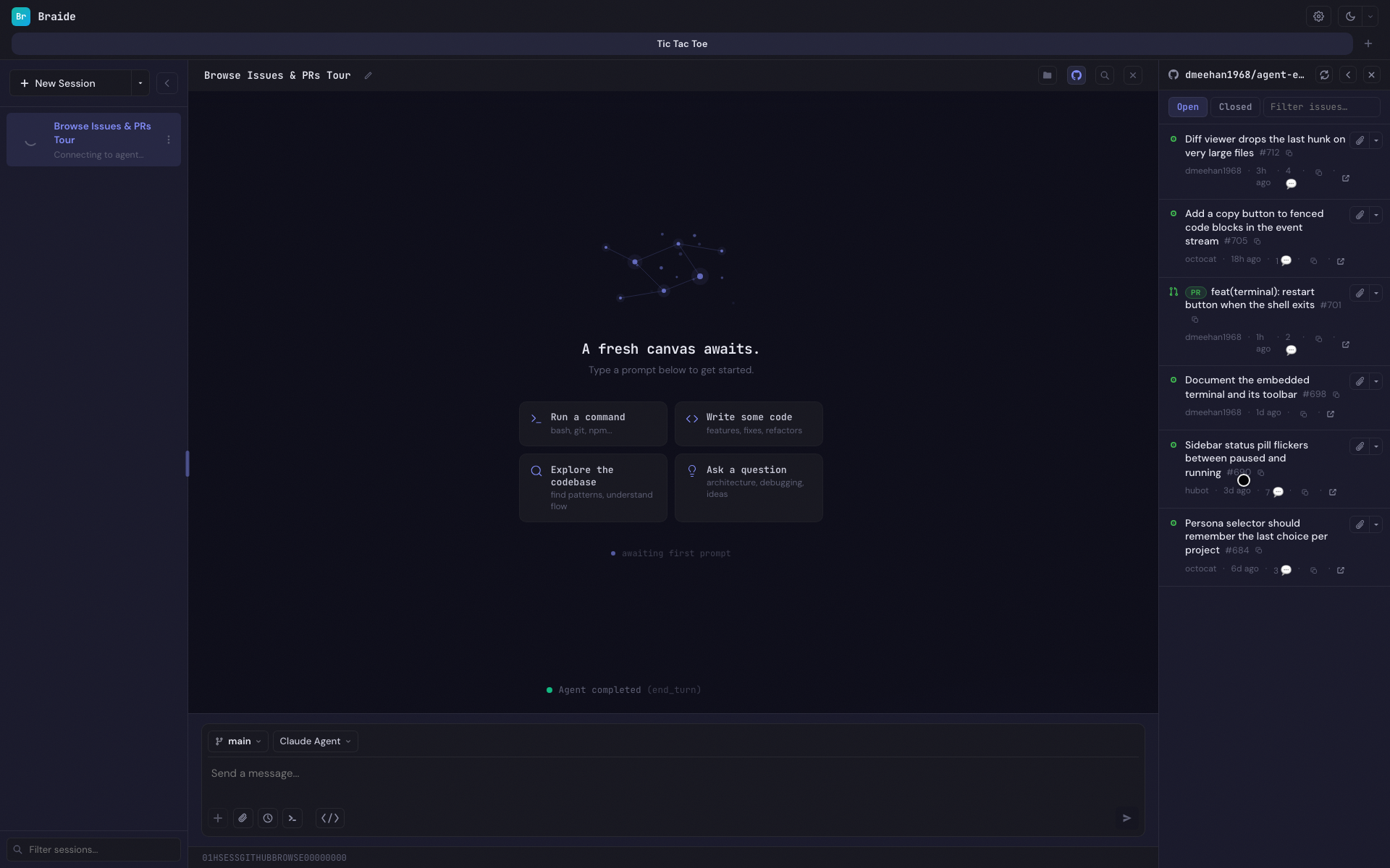 The GitHub panel open on the right showing issues and pull requests