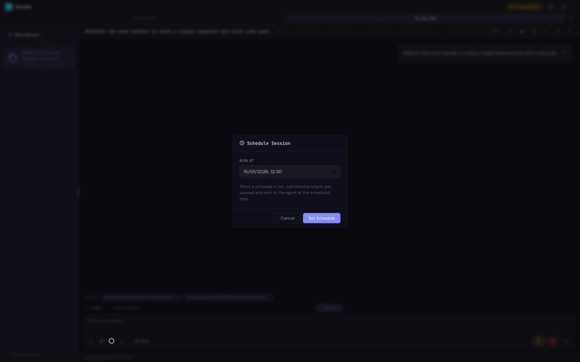 The scheduled tasks modal with a datetime picker and queued prompts