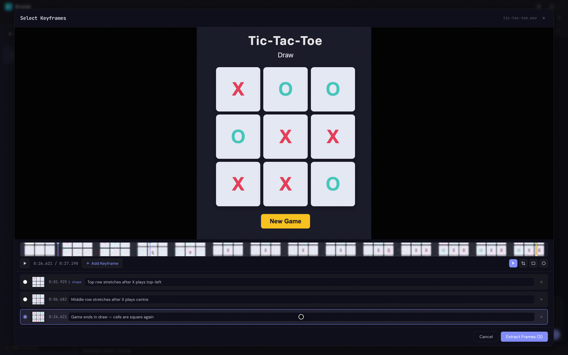 The Video Keyframe Modal showing a filmstrip, preview, and captured keyframes